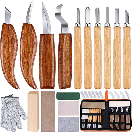 26-In-1 Wood Carving Kit with Detail Wood Carving Knife, Whittling Knife, Wood Chisel Knife, Gloves, Carving Kit
