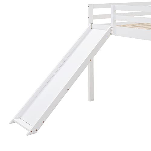 Lostcat Elegant Full Size Low Loft Bed with Slide and Ladder for Kids - WoodArtSupply