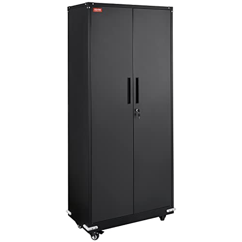 VEVOR Metal Storage Cabinet with Wheels, 75'' Locking Steel Storage Cabinet with 2 Magnetic Doors and 4 Adjustable Shelves for Office, Garage, Home
