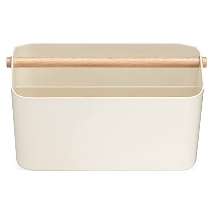 Navaris Organizer Caddy with Wood Handle - Storage Holder with 2 Compartments for Makeup Nursery Desk Bathroom 10.4" x 6.5" x 5.9" - Cream