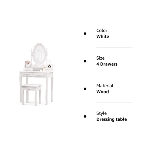 Mecor Vanity Table Set ,Makeup Table with Oval Mirror & Stool, Bedroom Wood Dressing Table with 4 Drawers White - WoodArtSupply