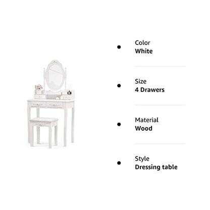 Mecor Vanity Table Set ,Makeup Table with Oval Mirror & Stool, Bedroom Wood Dressing Table with 4 Drawers White - WoodArtSupply