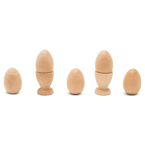Wooden Egg Holder 2-1/8 inch, Pack of 6 Egg Cups Wooden & 6 2-1/2 inch Flat Bottom Eggs in a Cup, Wood Egg Unfinished, by Woodpeckers Woodpeckers