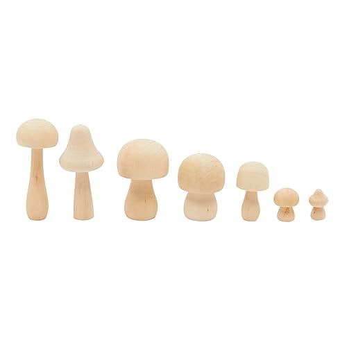 Mini Wooden Mushrooms to Paint, Unfinished Wood Figurines for Craft Ornament (7 Sizes, 14 Pack)