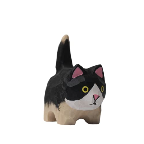 TALKLEK Small Wooden Cat Figurine - Small 1.85", Hand-Made, Wood Carving, Cat Decoration, Small Animals, Cat Lover (Black-White) TALKLEK
