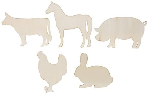 Craft Supply Farm Animals Unpainted Wood Cutout Shapes - 5 Mini Pieces - Rabbit, Cow, Pig, Chicken, Horse, Multi