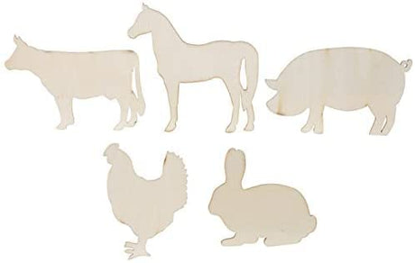 Craft Supply Farm Animals Unpainted Wood Cutout Shapes - 5 Mini Pieces - Rabbit, Cow, Pig, Chicken, Horse, Multi Craft Supply