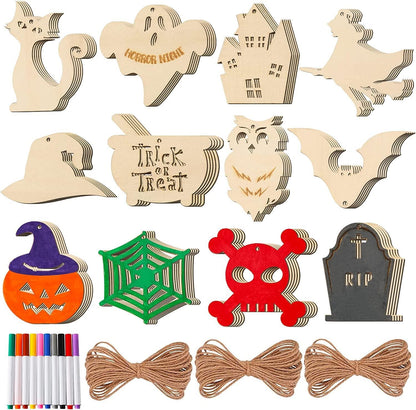 Halloween Crafts 60PCS Halloween Wooden Slices DIY Natural Wood Crafts Unfinished Predrilled Cutouts Ornaments for Kids Halloween Hanging Decorations Gifts - WoodArtSupply