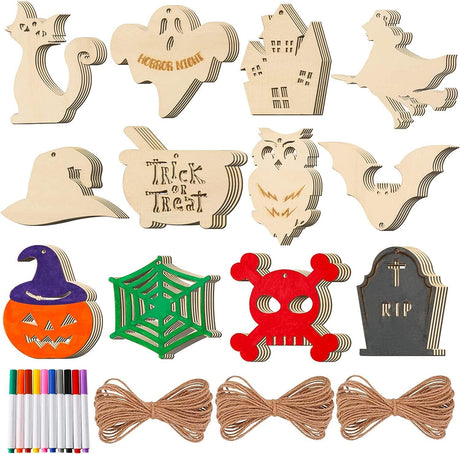 Halloween Crafts 60PCS Halloween Wooden Slices DIY Natural Wood Crafts Unfinished Predrilled Cutouts Ornaments for Kids Halloween Hanging Decorations WoodArtSupply