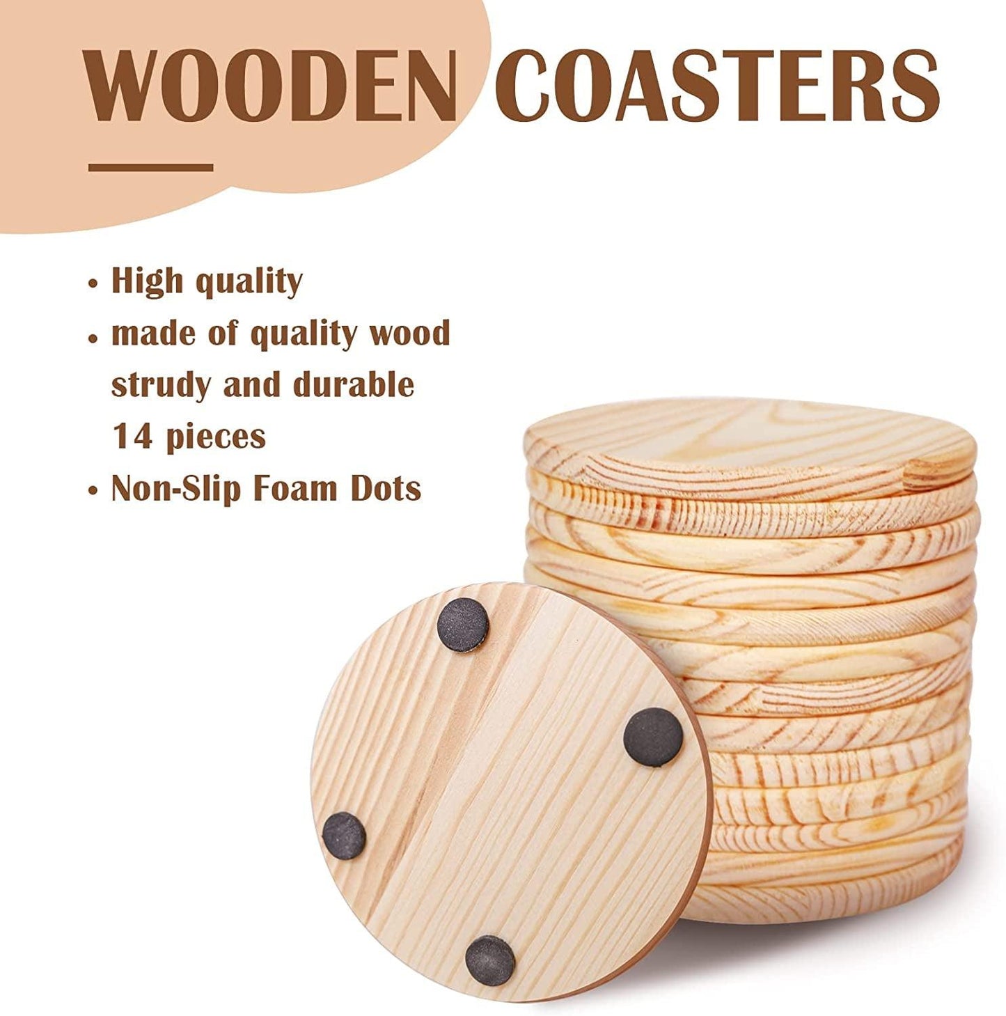 14Pcs Unfinished Wood Coasters, 4 Inch round Blank Wooden Coasters for Crafts with Non-Slip Silicon Dots - WoodArtSupply