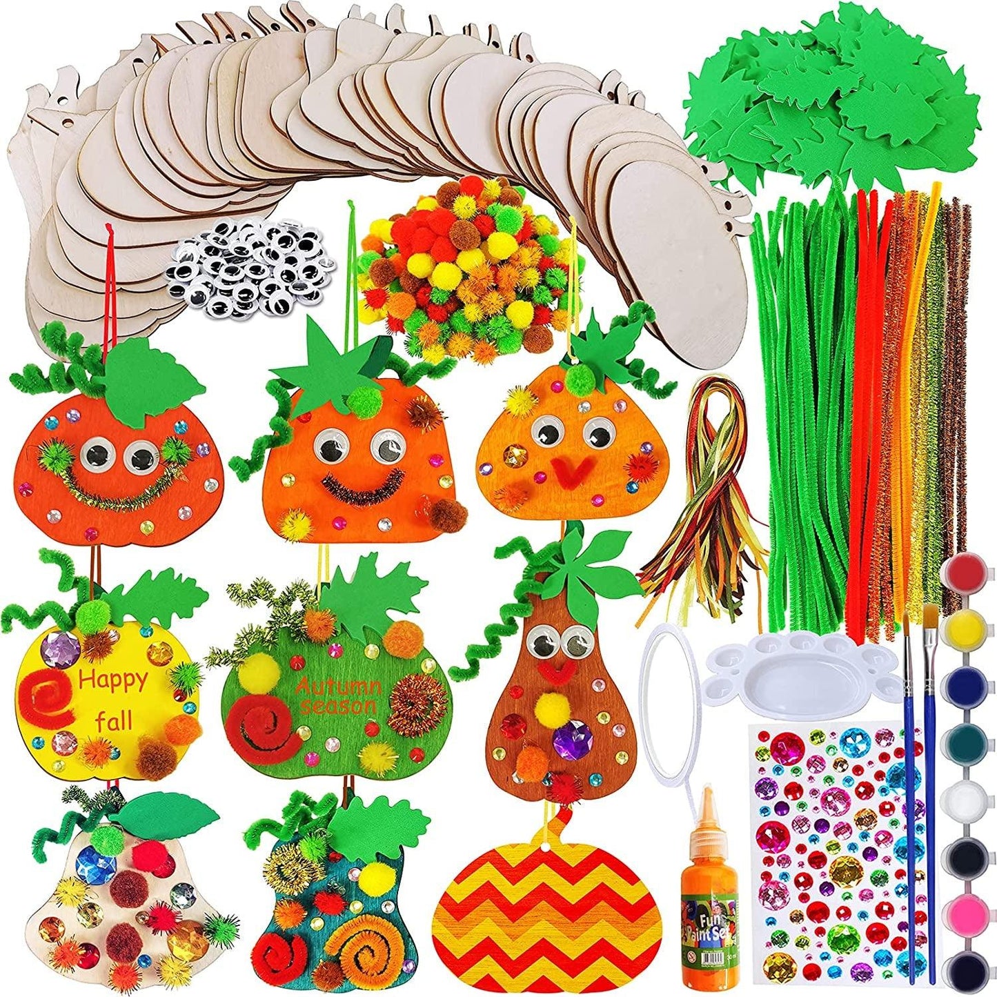 36 Sets Fall Pumpkin Decoration DIY Pumpkin Squash Gourd Wooden Ornaments Craft Kit Assorted Paintable Unfinished Wood Pumpkins Pom-Poms Googly Eyes for Kids Autumn Halloween Thanksgiving Décor - WoodArtSupply