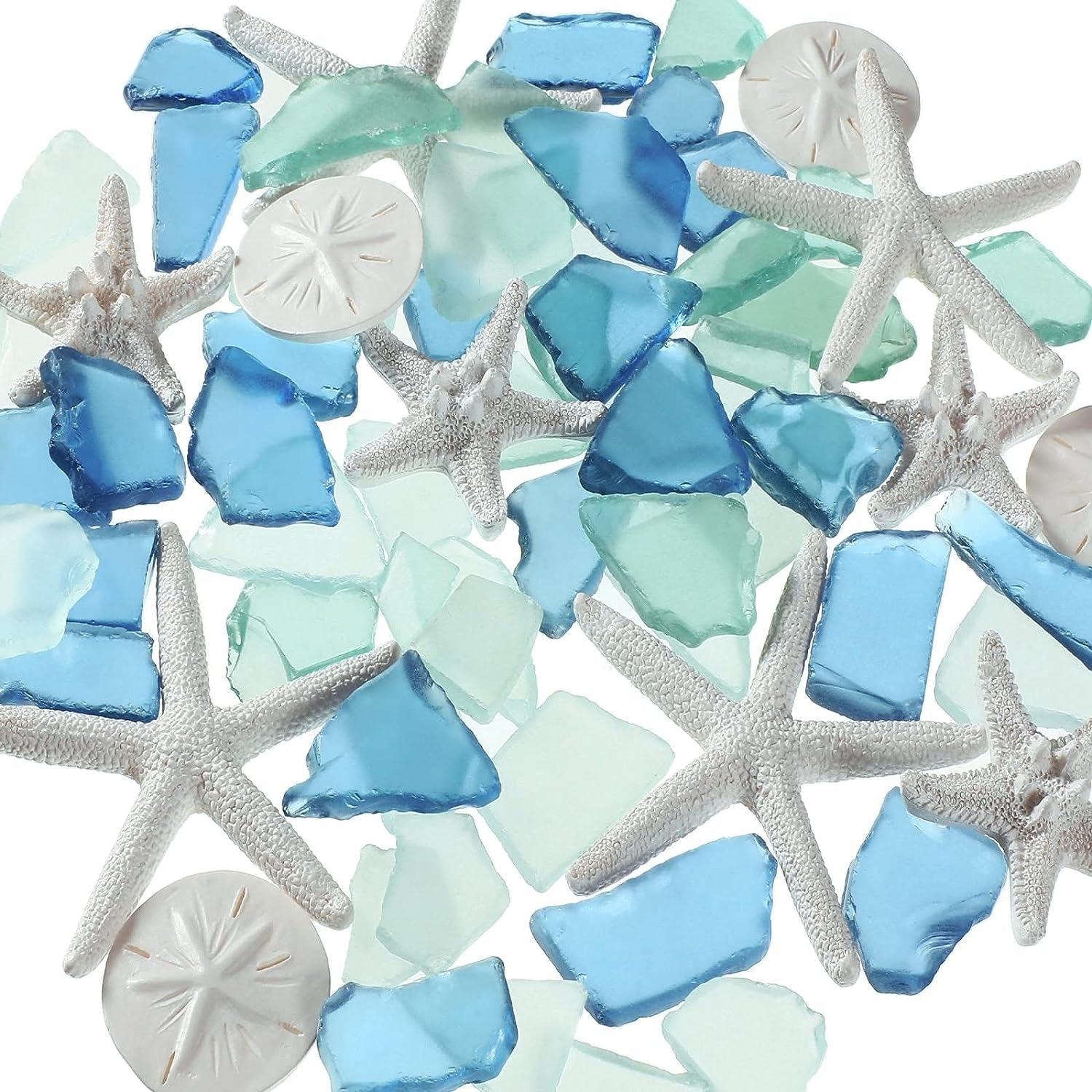 5.3 Oz Sea Glass Decor Cobalt Blue Pieces and 12 Pieces Resin Assorted Starfish Decortumbled Bulk Seaglass Pieces Sand Dollar Ornament for Beach Wedding Party Decor Home DIY Craft - WoodArtSupply