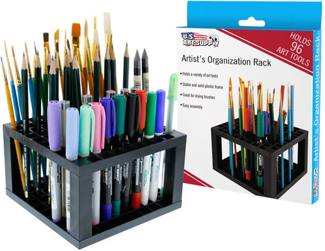 U.S. Art Supply 96 Hole Plastic Pencil & Brush Holder - Desk Stand Organizer Holding Rack for Pens, Paint Brushes, Colored Pencils, Markers WoodArtSupply