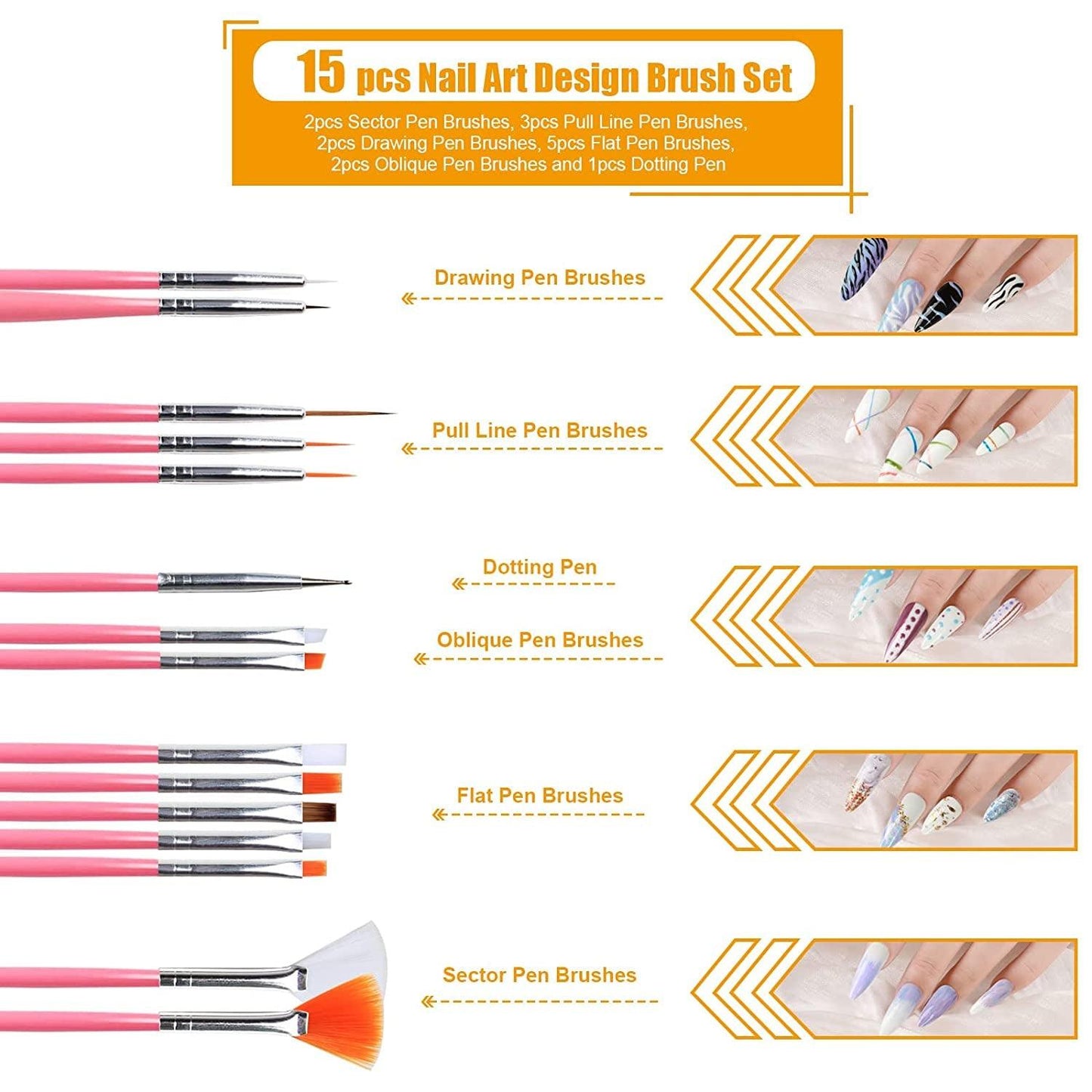 Nail Pen Designer, Stamp Nail Art Tool with 15Pcs Nail Painting Brushes, Nail Dotting Tool - WoodArtSupply