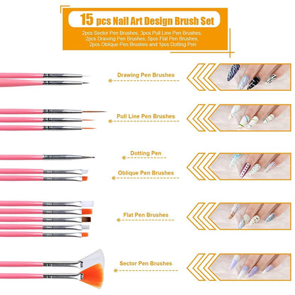Nail Pen Designer, Stamp Nail Art Tool with 15Pcs Nail Painting Brushes, Nail Dotting Tool - WoodArtSupply