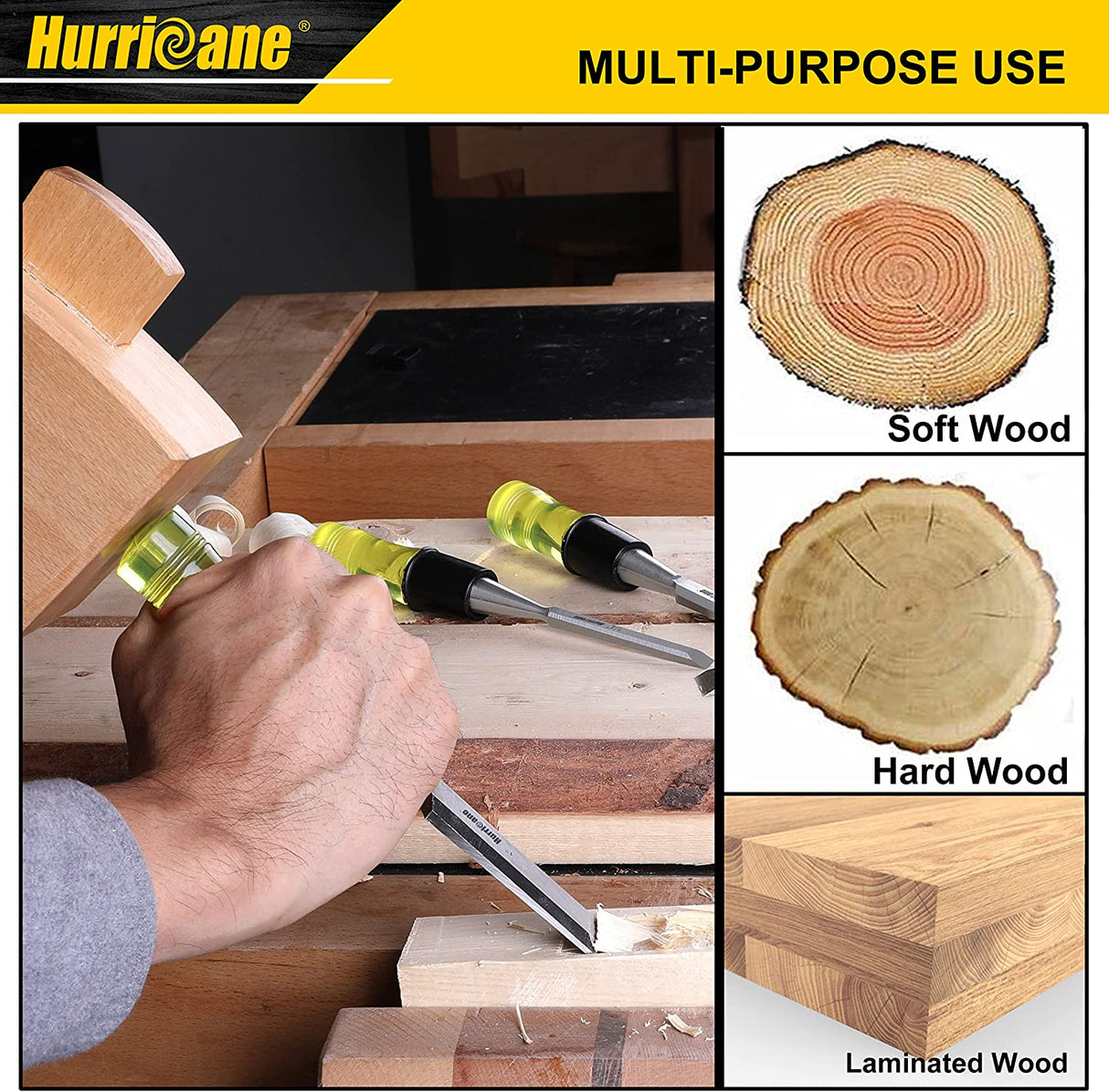 Hurricane 4 Piece Wood Chisel Set for Woodworking, CR-V Steel Beveled Edge Blade, Durable PVC High Impact Handle Wood Chisel WoodArtSupply