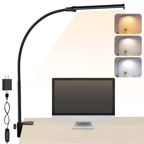 ShineTech LED Desk Lamp for Home Office, Eye-Caring Desk Light with Clamp, 3 Colors Stepless Brightness Adjustable Flexible Gooseneck, USB Adapter - WoodArtSupply