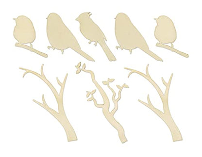 CraftMedley Miniature Laser Cut Wood Shapes - Birds and Branches - 8 Pieces, Brown, Small - WoodArtSupply