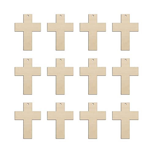 30pcs Mini Cross Wood DIY Crafts Cutouts 2" Wooden Cross Shaped Hanging Ornaments with Jute Twines Gift Tags for Easter Halloween Holiday Party Creaides