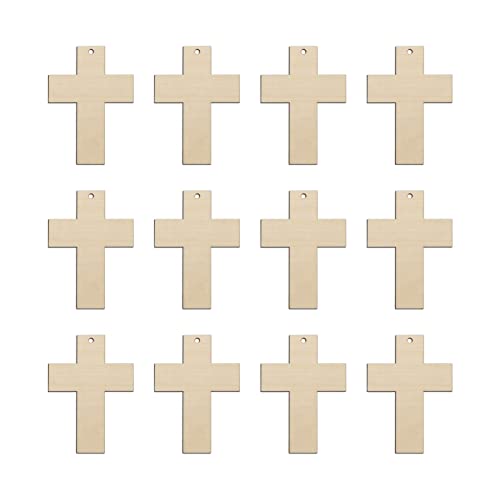 30pcs Mini Cross Wood DIY Crafts Cutouts 2" Wooden Cross Shaped Hanging Ornaments with Jute Twines Gift Tags for Easter Halloween Holiday Party