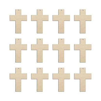 30pcs Mini Cross Wood DIY Crafts Cutouts 2" Wooden Cross Shaped Hanging Ornaments with Jute Twines Gift Tags for Easter Halloween Holiday Party