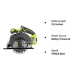 Ryobi One P505 18V Lithium Ion Cordless 5 1/2" 4,700 RPM Circular Saw (Battery Not Included, Power Tool Only), Green RYOBI