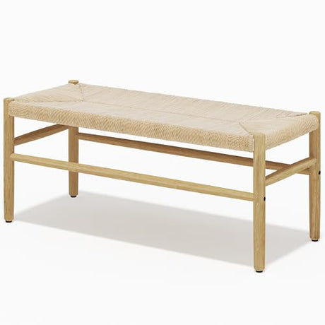 Recaceik Indoor Entryway Bench with Paper Cord Ottoman, Mid-Century Long Bench with Rubber Wood Legs, French Vanity End Bed Bench for Bedroom Living Recaceik