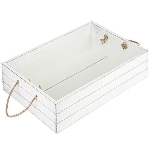 MyGift Vintage White Wooden Storage Bin with Rope Handles, Decorative Open Top Small Wood Box