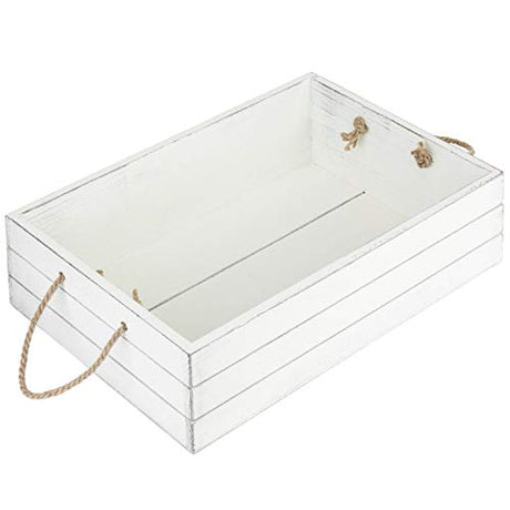 MyGift Vintage White Wooden Storage Bin with Rope Handles, Decorative Open Top Small Wood Box MyGift