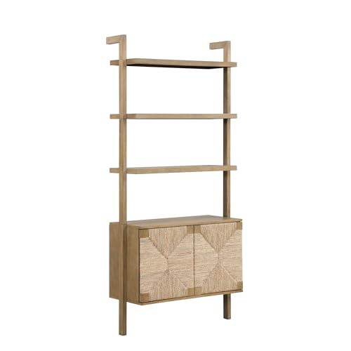 Nathan James Beacon Wall-Mounted Solid Wood Bookshelf with Seagrass Cabinet Fronts - WoodArtSupply