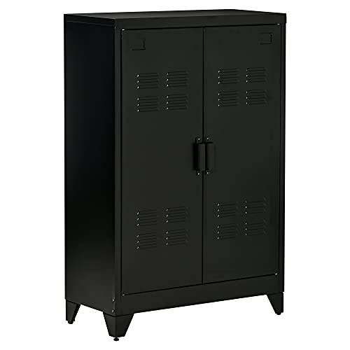 HOMCOM Industrial Storage Cabinet, Steel Garage Cabinet with Double Doors and Adjustable Shelves, Black - WoodArtSupply