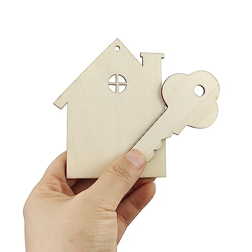 32 Pieces Wooden House & Key Crafts Wood House & Key Cutouts Unfinished House & Key Ornament Hanging Decoration Craft Gift Tags for Home Party