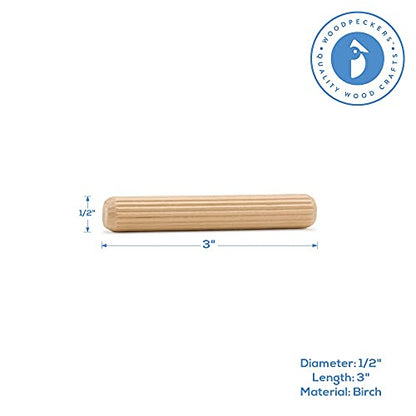 Wooden Dowel Pins 3 x 1/2 inch, Pack of 50 Fluted Dowel Joints for Woodworking, Furniture and Crafts, by Woodpeckers - WoodArtSupply