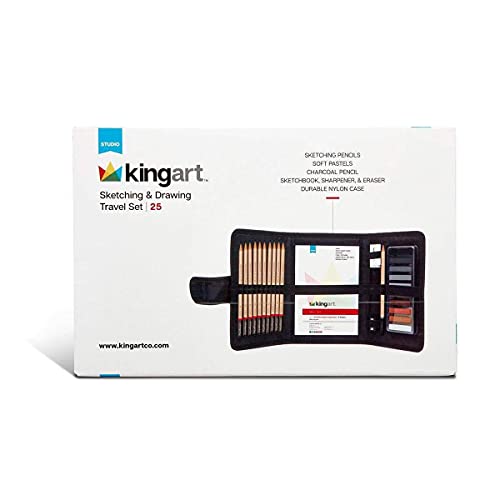KINGART Drawing Set, Sketch Travel Case Kit, Sketching Supplies, Graphite, and Charcoal Pencils, Pro Art Drawing Kit for Artists Adults, Teens, KINGART