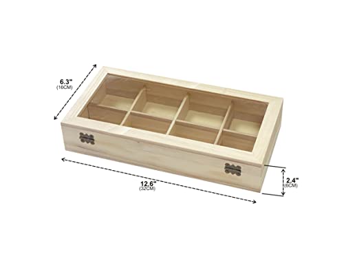 Cregugua 2 Pack Unfinished Wooden Box with Glass Lid, Wood Jewelry Storage Tray Box,8 Compartment Organizer 12.6 x 6.3 x 2.4 In