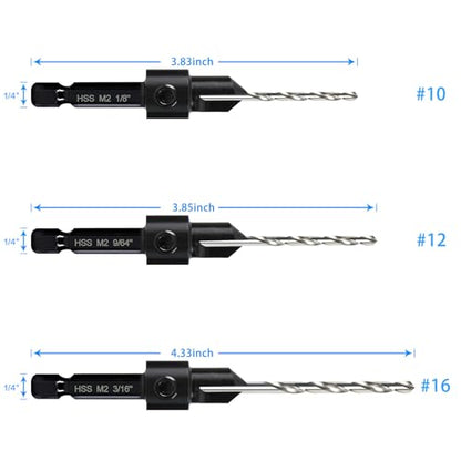 3-pc Countersink Drill Bit Set #10#12#16, 3in1 Woodworking Counterbore Hole Saw Drill Bits, Depth Adjustable M2 Pilot Drill Bits, 82-Degree Chamfer, - WoodArtSupply