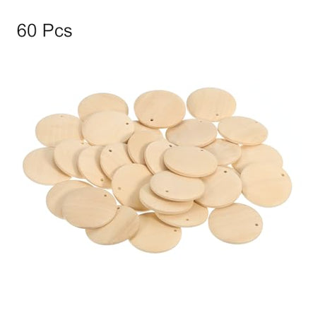 uxcell Round Wooden Discs, 60Pcs 30mm - Log Unfinished Wood Circles with Holes, Wood Ornaments for Crafts, DIY Jewelry Accessories, Birthday Board uxcell