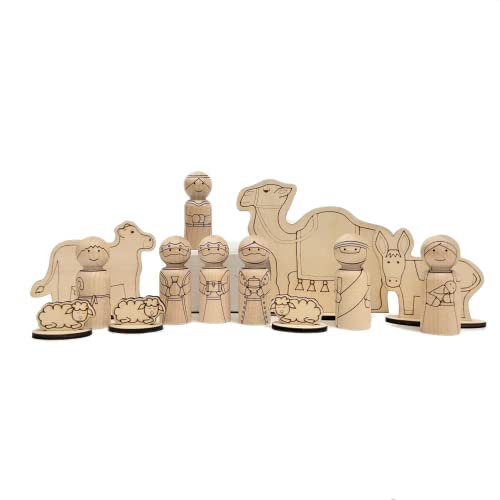 Christmas Peg Doll and Animal Nativity Set - Mary, Joseph, Angel, Shepherd, 3 Wise Men - Camel, Cow, Donkey, Sheep - DIY Color Your Own Wood Craft - Pegsies