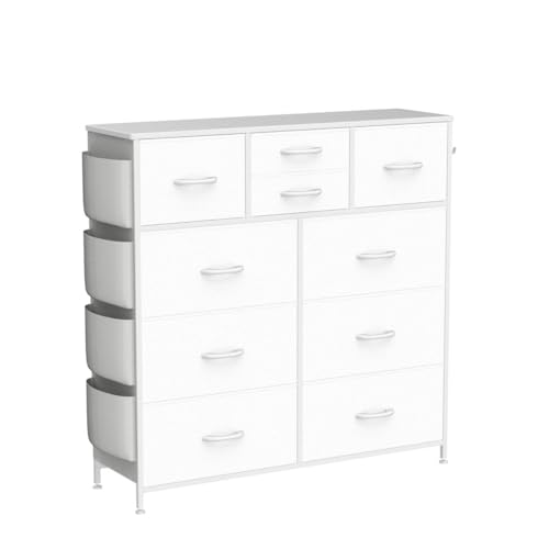 Lulive White Dresser for Bedroom with 10 Drawers, Chest of Drawers with Side Pockets and Hooks, PU Storage Dresser, Organizer Unit for Living Room, Lulive