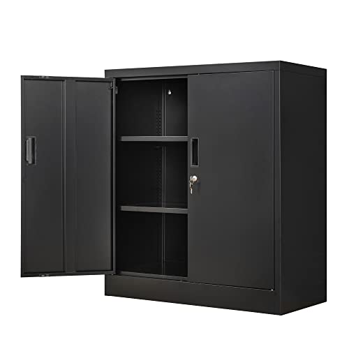 Wanfu Metal Storage Cabinet with Locking Doors and Adjustable Shelves, 36.2" H Steel Storage Cabinet for Garage, Home, Office, Utility Room-Black - WoodArtSupply