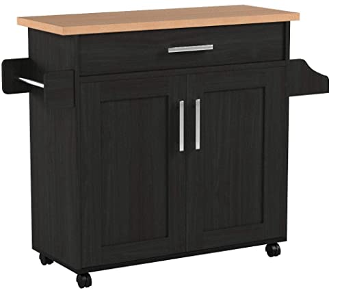 Hodedah Kitchen Island with Spice Rack, Towel Rack & Drawer, Black with Beech Top Hodedah