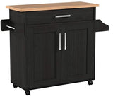 Hodedah Kitchen Island with Spice Rack, Towel Rack & Drawer, Black with Beech Top Hodedah