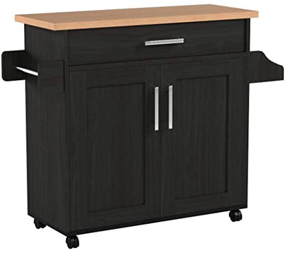 Hodedah Kitchen Island with Spice Rack, Towel Rack & Drawer, Black with Beech Top