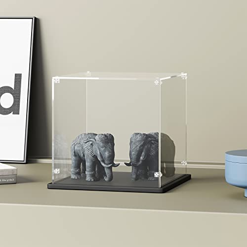 Gemutlich Acrylic Display Case 10 Inch Cube - 3mm Thick Acrylic Display Box with Black Wooden Base, Assemble Dustproof Showcase Clear Display Case Gemutlich