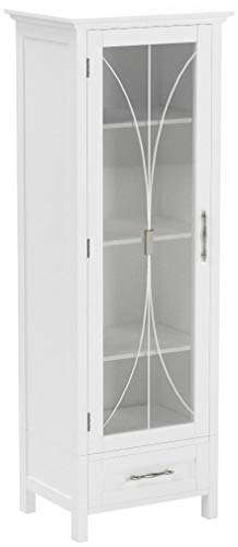 Teamson Home Delaney Tall Narrow Linen Tower with Glass Door, 3 Adjustable Shelves & Drawer - White Teamson Home
