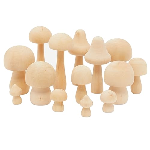 Mini Wooden Mushrooms to Paint, Unfinished Wood Figurines for Craft Ornament (7 Sizes, 14 Pack) Bright Creations