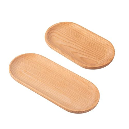 Eiyye Mini Serving Tray Small Wooden Plate Oval Wood Tray, Set of 2 Wooden Snack Tray Dessert Tableware Decorative Tray for Jewellery Key Coin