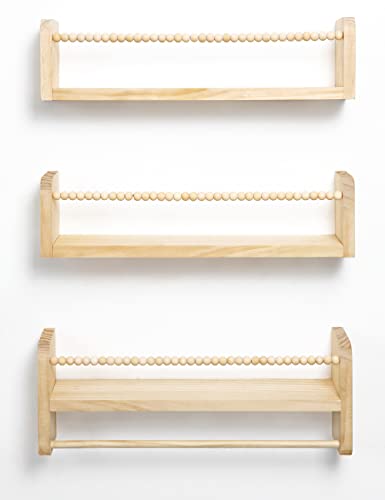 Maxpeuvon Natural Wood Nursery Floating Shelves Set of 3 with Towel Bar Maxpeuvon