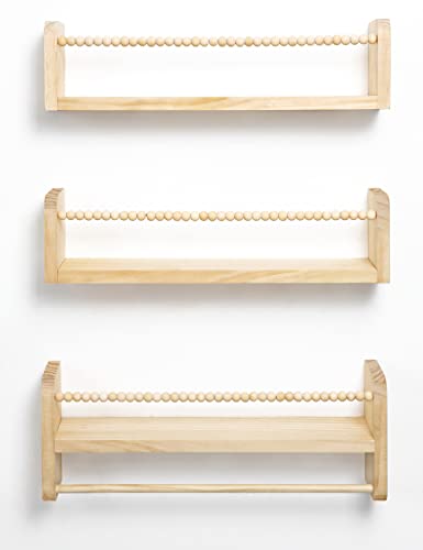 Maxpeuvon Natural Wood Nursery Floating Shelves Set of 3 with Towel Bar - WoodArtSupply