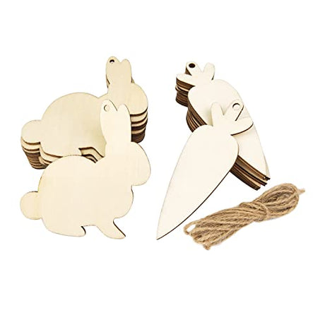 32 Pack Wood Easter Bunny & Carrot Cutouts Unfinished Wooden Easter Bunny & Carrot Hanging Ornaments DIY Easter Bunny & Carrot Craft Gift Tags for Xonzmmk